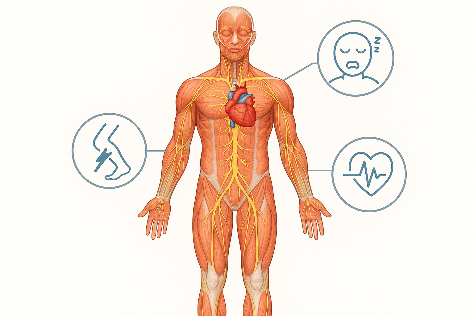 Medical illustration of the human body highlighting muscles, nerves, and heart with subtle icons representing cramps, fatigue, and heartbeat irregularities, clean white background, professional healthcare style