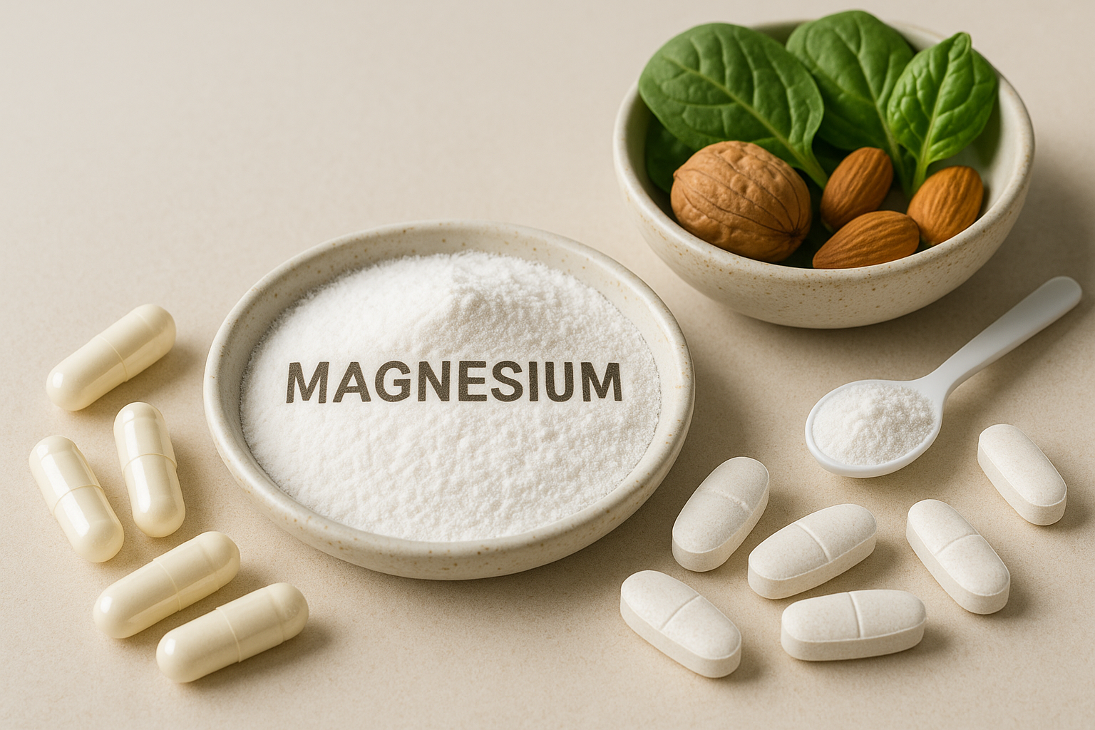 A clean, high resolution image of various magnesium supplement forms including capsules, tablets, and powder on a neutral background with a small bowl of leafy greens and nuts nearby, bright natural lighting, wellness aesthetic
