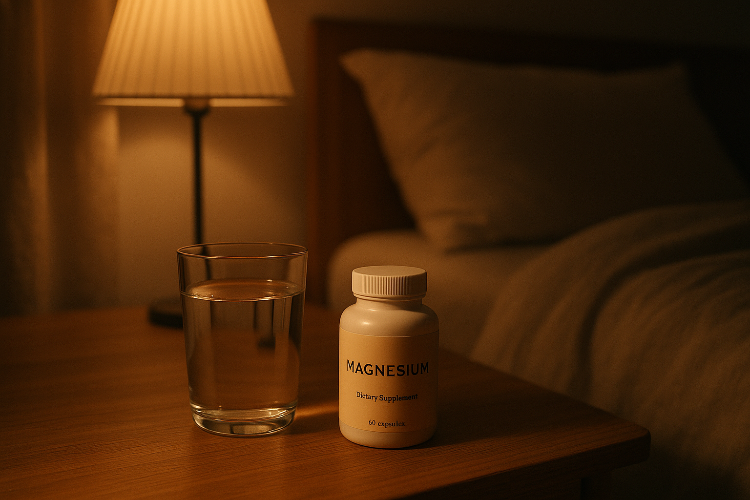 A calming nighttime scene with a glass of water and magnesium supplement bottle on a bedside table, soft warm lighting, cozy bed in background, peaceful atmosphere, wellness photography style
