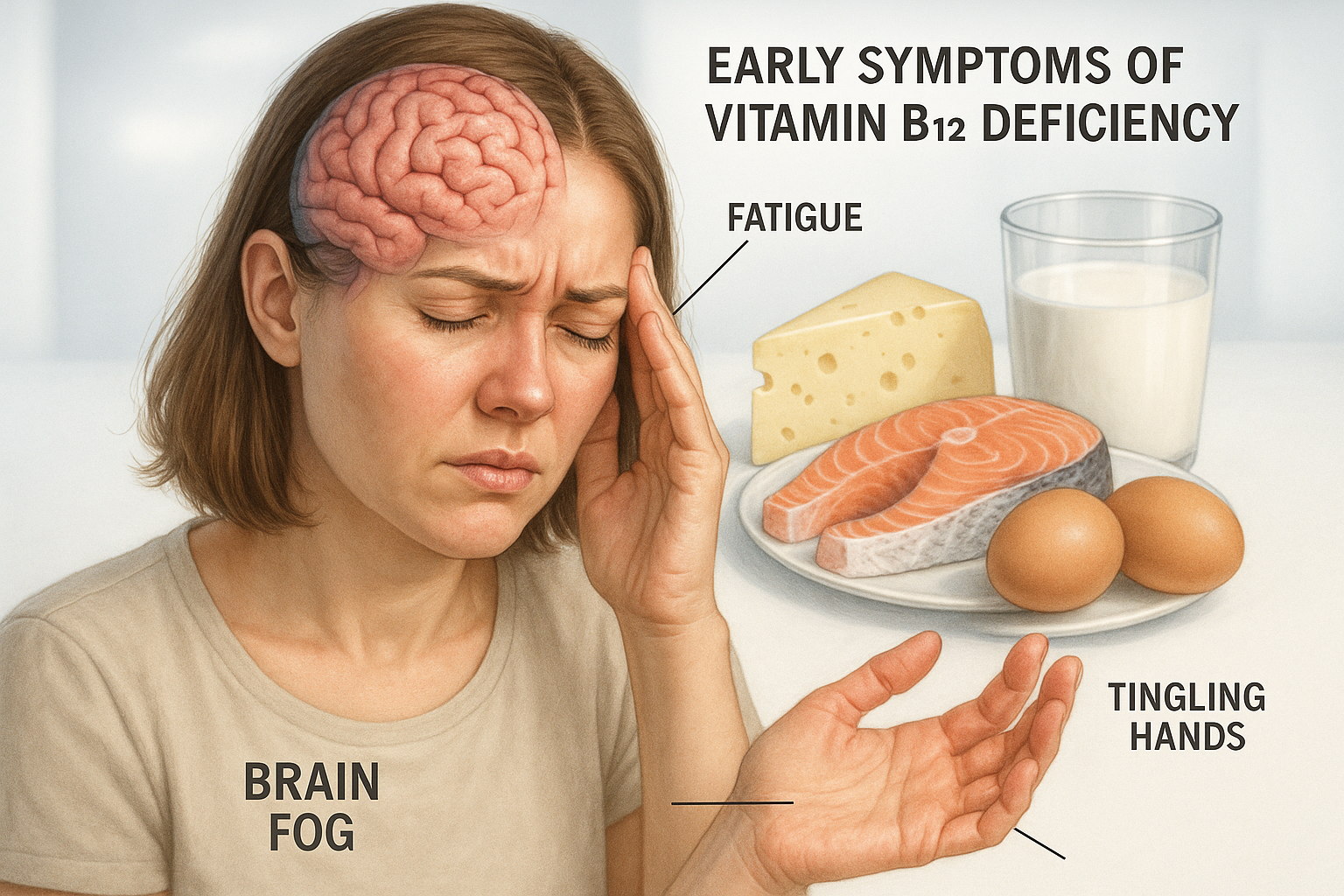 A realistic medical illustration showing early symptoms of vitamin B12 deficiency including fatigue, tingling hands, and brain fog, with healthy foods rich in B12 such as eggs, fish, and dairy in the background, bright clinical lighting, high detail