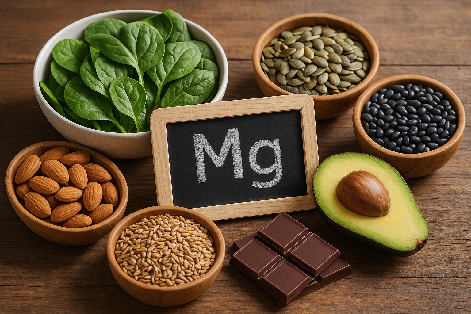 A high resolution image of magnesium rich foods including spinach, almonds, pumpkin seeds, black beans, avocado, dark chocolate, and whole grains arranged on a wooden table in natural light