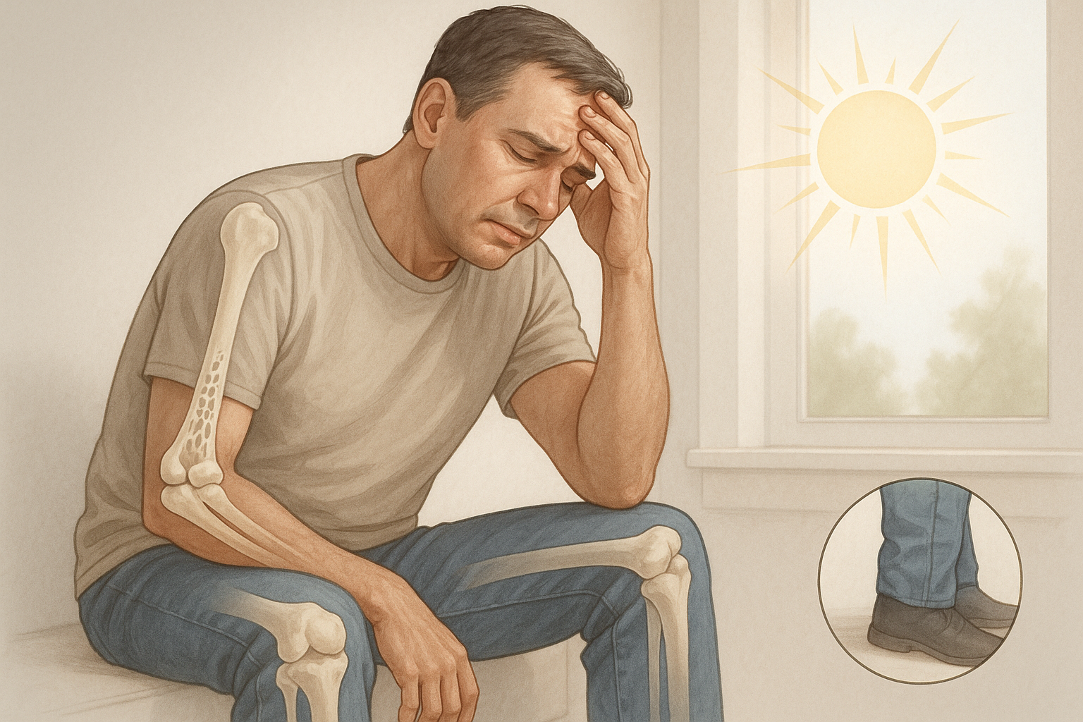Realistic medical illustration of an adult experiencing fatigue and muscle weakness with subtle visual cues of bone health and sunlight in the background, clean neutral tones, professional health article style, high resolution, no text