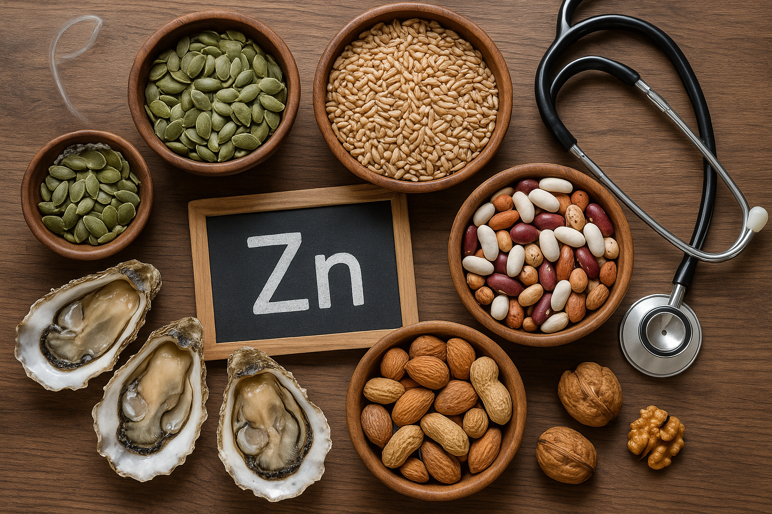 High resolution image of zinc rich foods such as pumpkin seeds, oysters, nuts, beans, and whole grains arranged on a wooden table with a subtle medical or wellness theme, natural lighting, realistic style