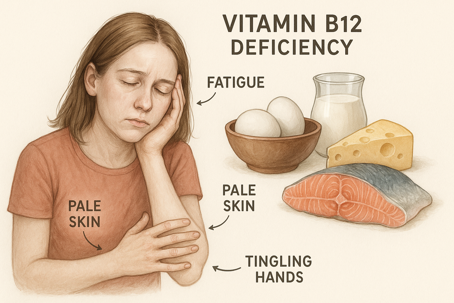 A realistic medical illustration showing early signs of vitamin B12 deficiency, including fatigue, tingling hands, pale skin, and healthy B12-rich foods like eggs, fish, and dairy arranged on a clean background, natural lighting, professional healthcare style