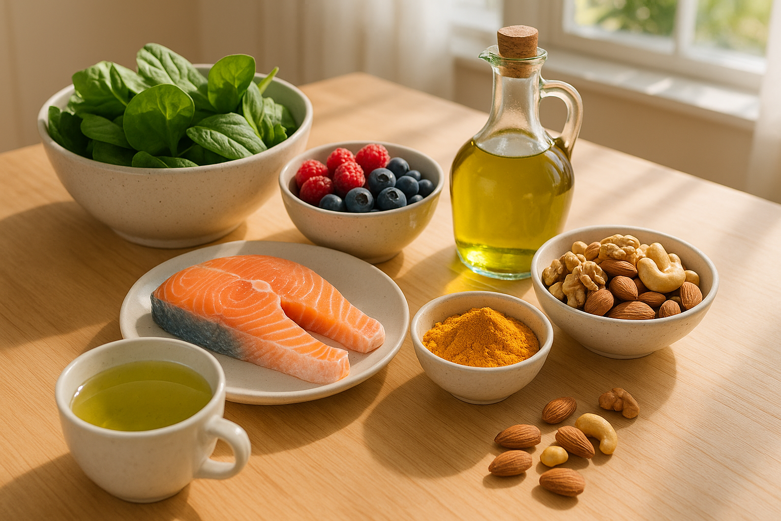 A bright kitchen table with anti-inflammatory foods including leafy greens, berries, fatty fish, olive oil, turmeric, nuts, and green tea arranged naturally in soft daylight, realistic photography