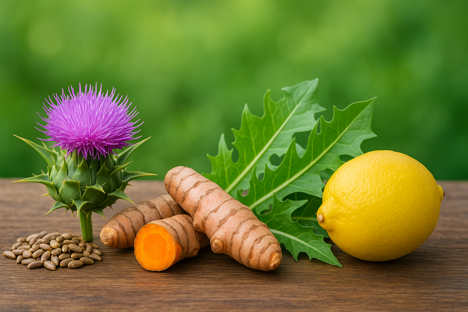 A high resolution image of milk thistle, turmeric root, dandelion leaves, and fresh lemon arranged on a wooden table with a clean green natural background symbolizing liver health and detox