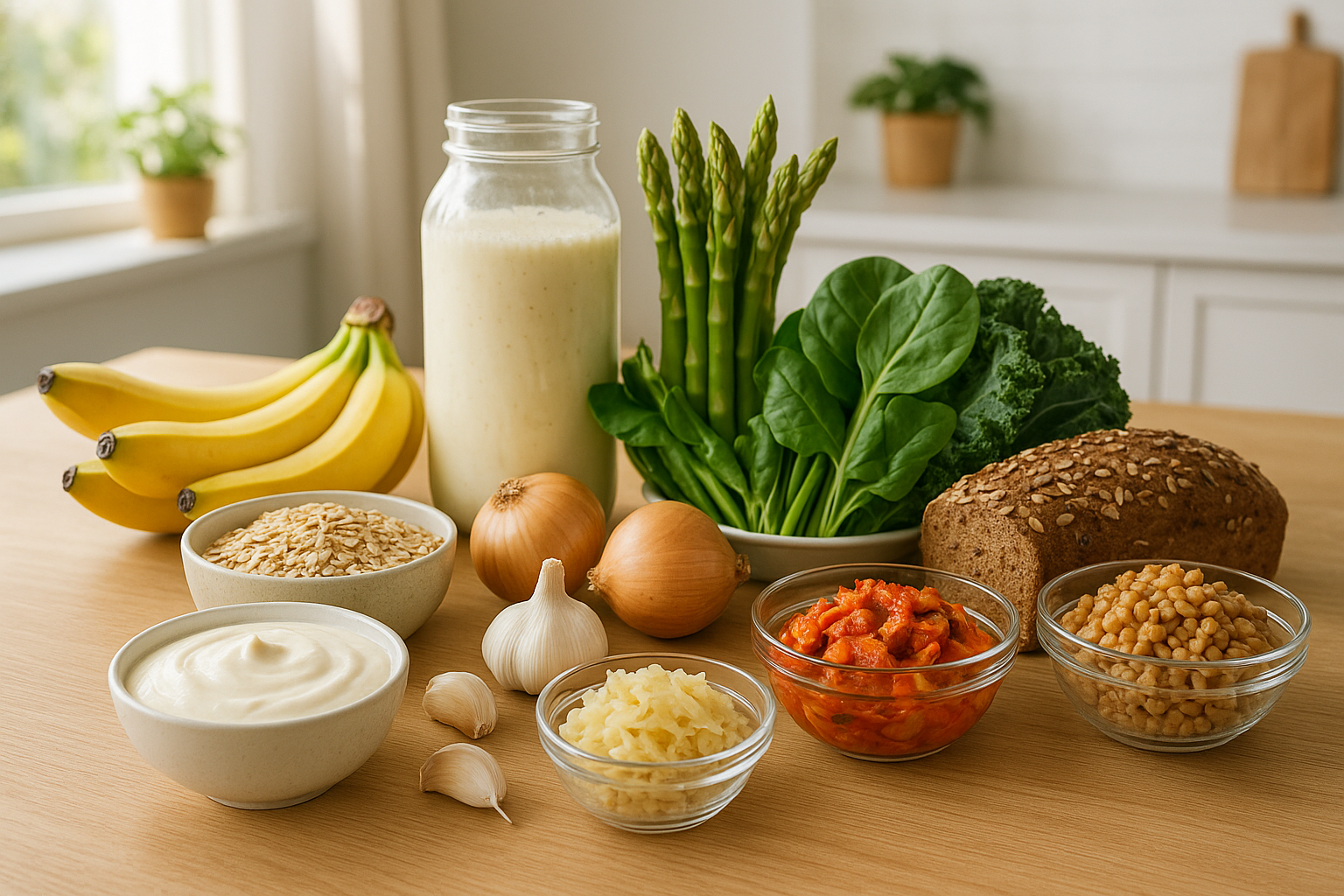 A bright kitchen table filled with gut healthy foods including yogurt, kefir, sauerkraut, kimchi, bananas, oats, garlic, onions, asparagus, leafy greens, and whole grains, natural lighting, realistic photography