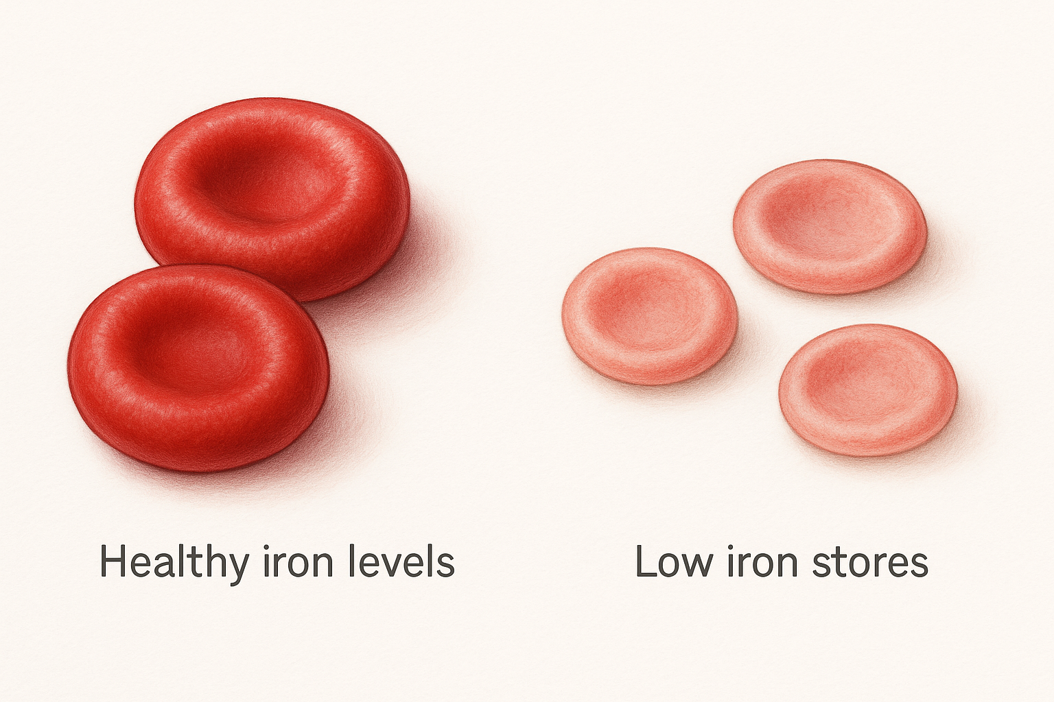 A realistic medical illustration of red blood cells with a subtle visual comparison between healthy iron levels and low iron stores, soft natural lighting, clean white background, educational style