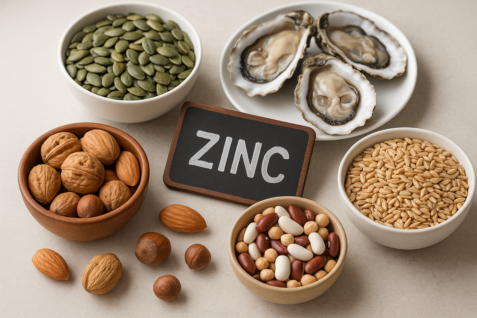 A high resolution image of zinc rich foods including pumpkin seeds, oysters, nuts, legumes, and whole grains arranged on a clean kitchen surface with soft natural lighting, emphasizing immune health and nutrition.