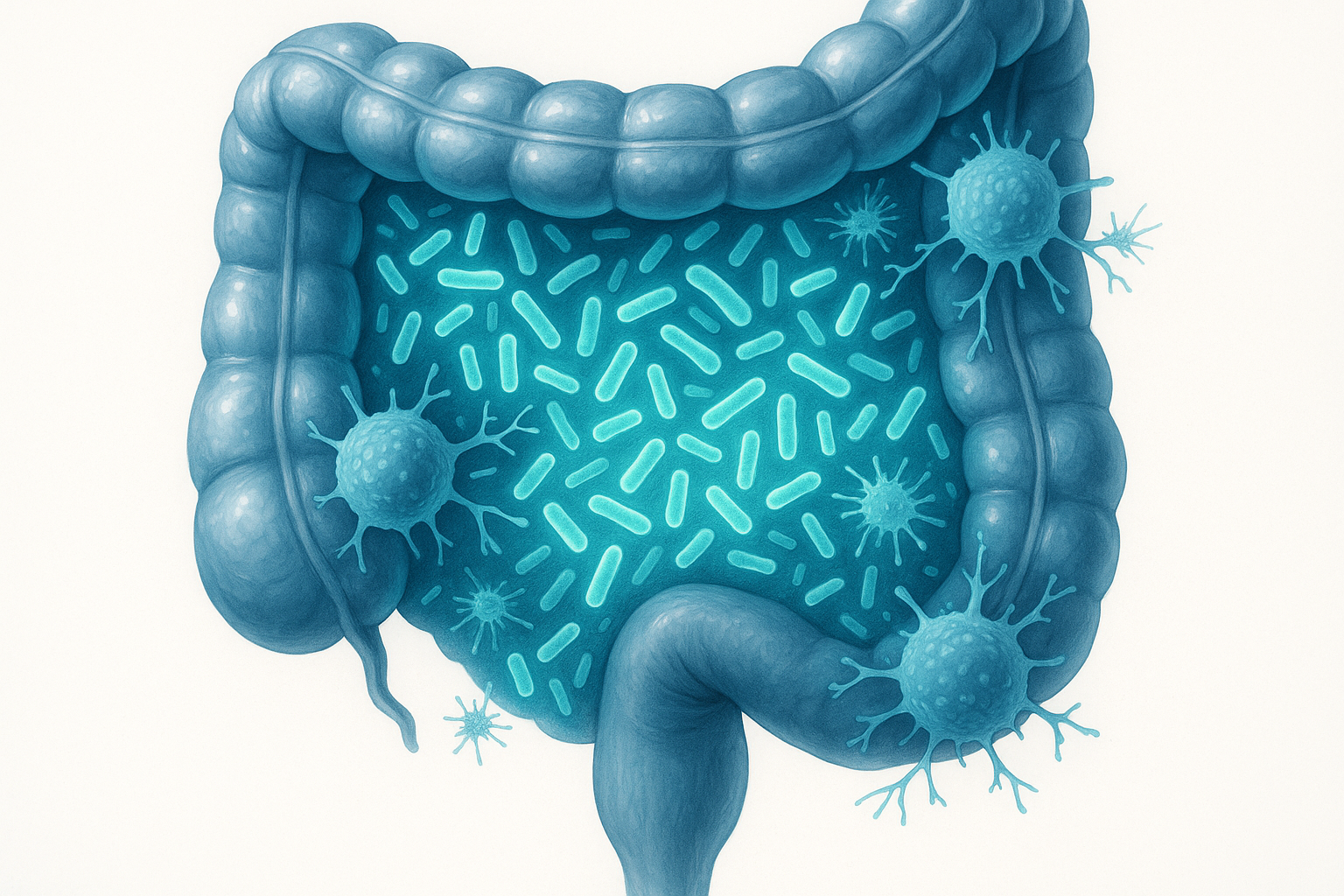 High-resolution medical illustration of the human gut with glowing beneficial bacteria, immune cells interacting with microbiome, blue and green color palette, clean white background, realistic scientific style
