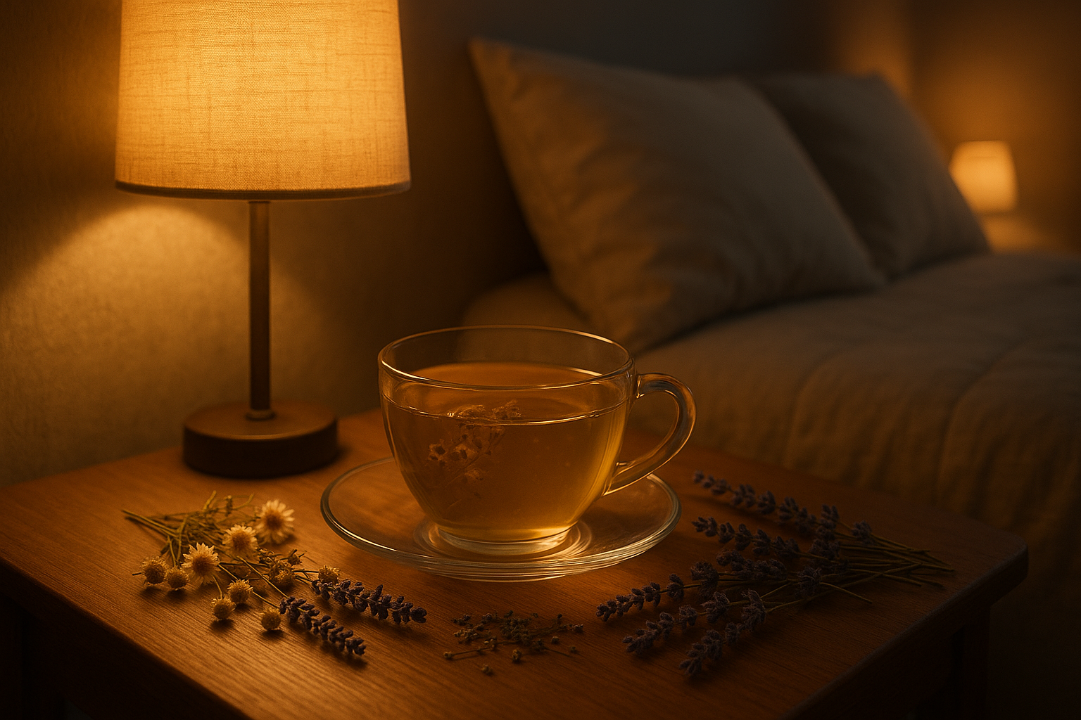 A calming nighttime scene with a warm cup of herbal tea on a bedside table, soft lighting, dried chamomile and lavender flowers nearby, cozy bedroom background, peaceful and relaxing atmosphere
