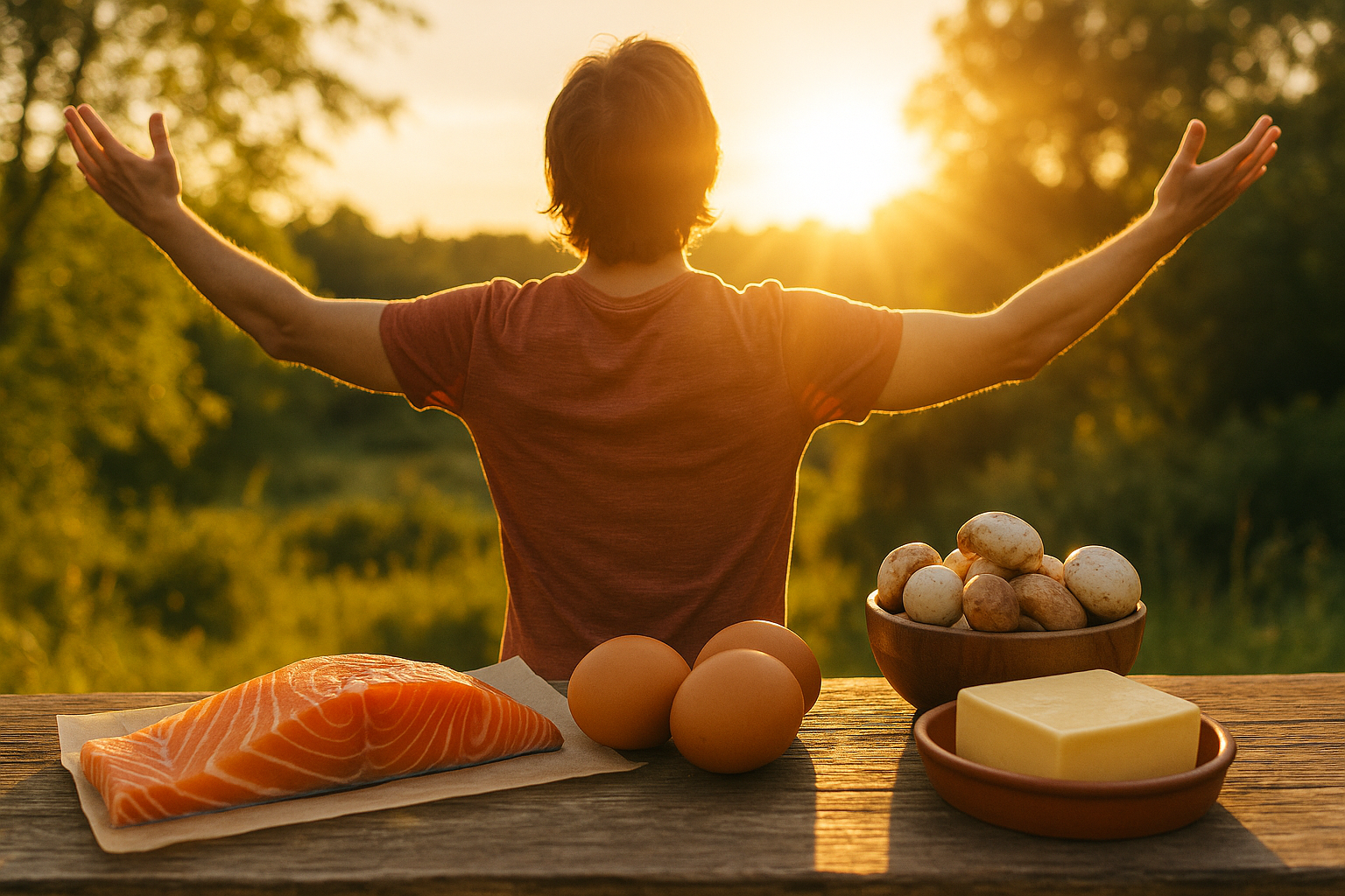 A bright natural scene showing sunlight shining over a person standing outdoors with healthy foods rich in vitamin D like salmon, eggs, and mushrooms arranged in the foreground, realistic style, warm lighting, high resolution